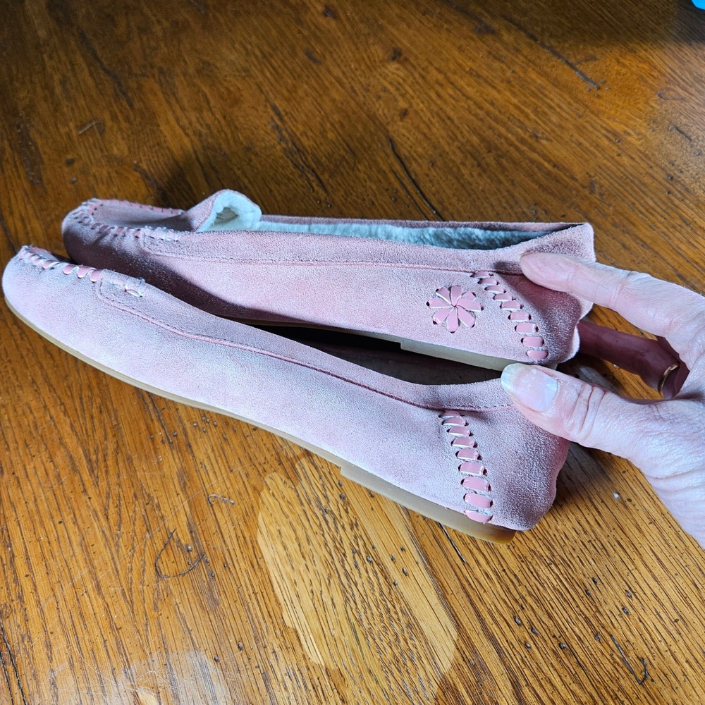 Jack Rogers Millie Pink Suede Shearling Lined Moccasin Slippers‎ Women's Sz 8.5B - Picture 7 of 8